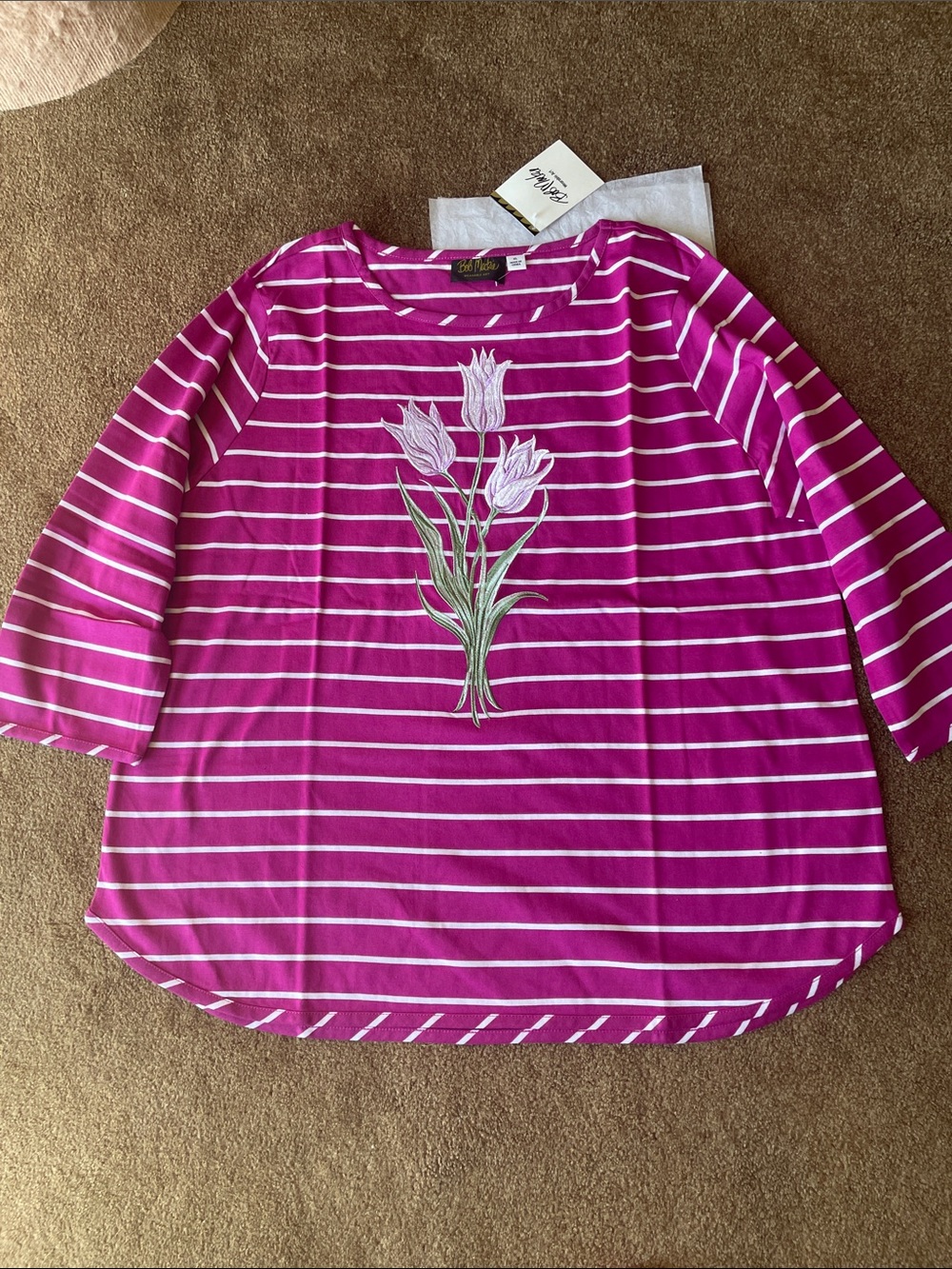 Bob Mackie Fuchsia and White Striped Tulip Embroidered Tunic